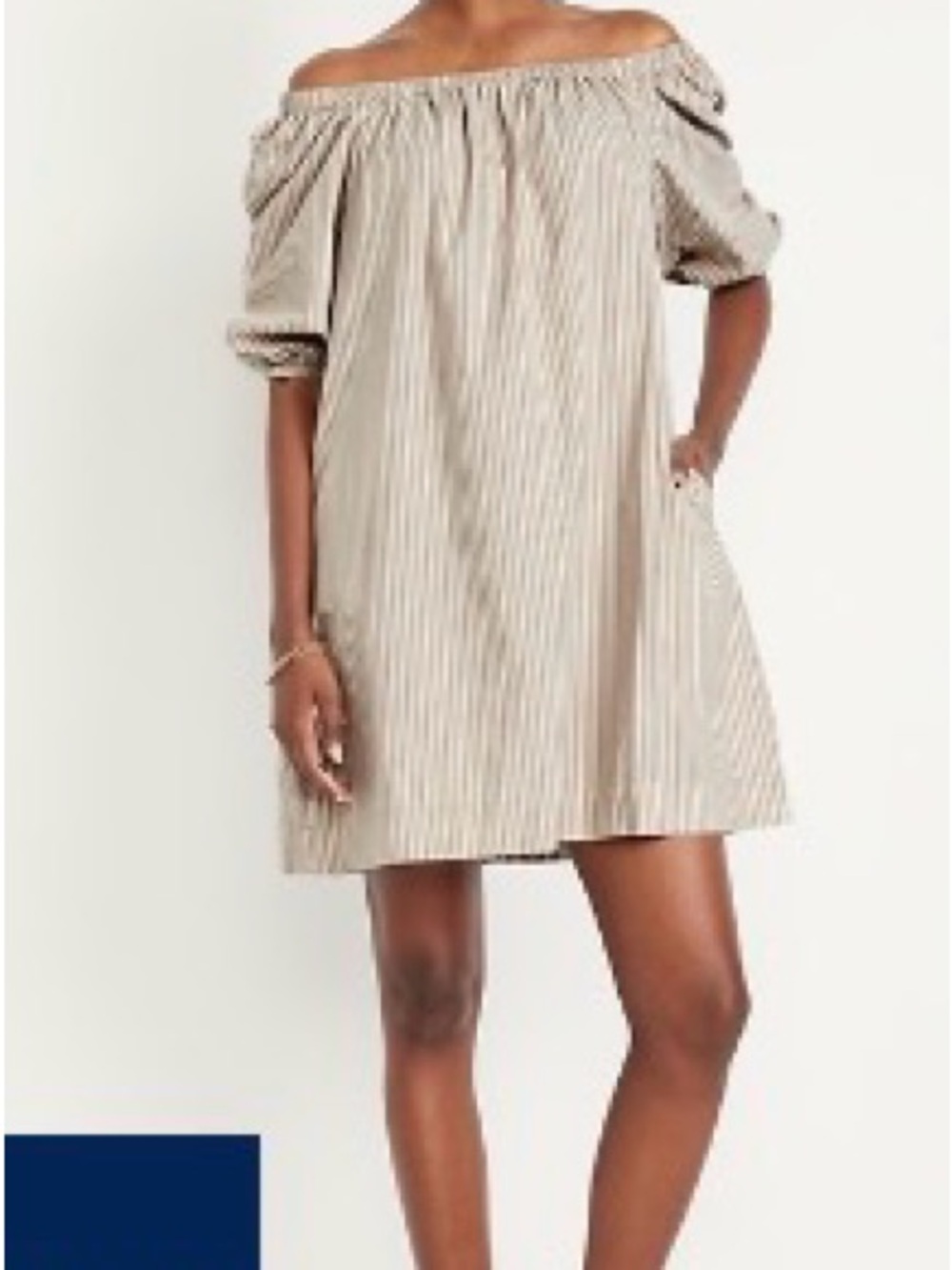 Off-Shoulder Striped Shift Dress in tan and white- striped